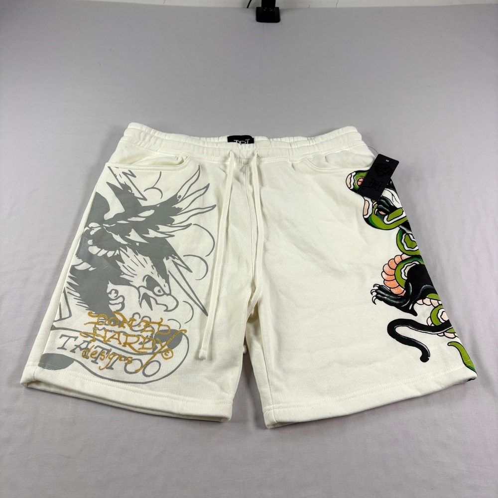 Ed Hardy Shorts Mens L Ivory Sweat Tattoo Graphic Snake Panther Casual NEW